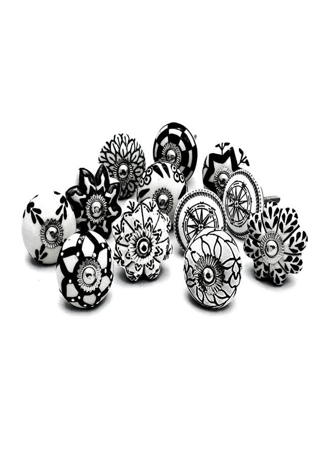 GANGKART-Ceramic Knobs World مقابض سيراميك عالمية من جانج كارت - مقابض أبواب للأدراج، مقابض خزائن عتيقة مصنوعة يدويًا لأثاث المطبخ، باللونين الأسود والأبيض - عبوة من 6 مقابض - Image 1