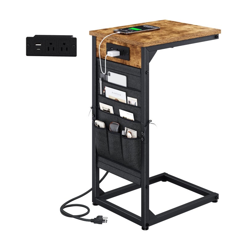 NEFROM C-Shaped End Table with Fast-Charging Station, Small Couch Side Table with Storage Bag, Sofa TV Tray Table for Living Room, Bedroom, Bedside ET-BR-1 - Image 1