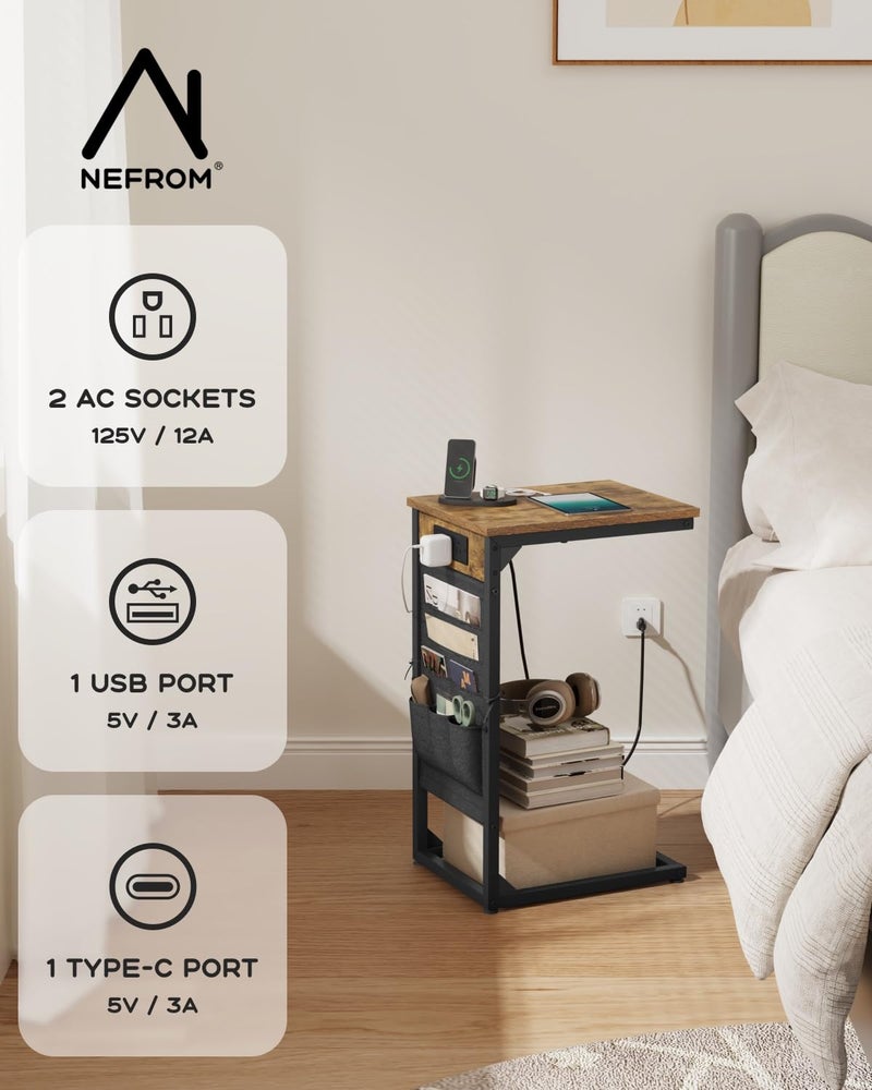 NEFROM C-Shaped End Table with Fast-Charging Station, Small Couch Side Table with Storage Bag, Sofa TV Tray Table for Living Room, Bedroom, Bedside ET-BR-1 - Image 4