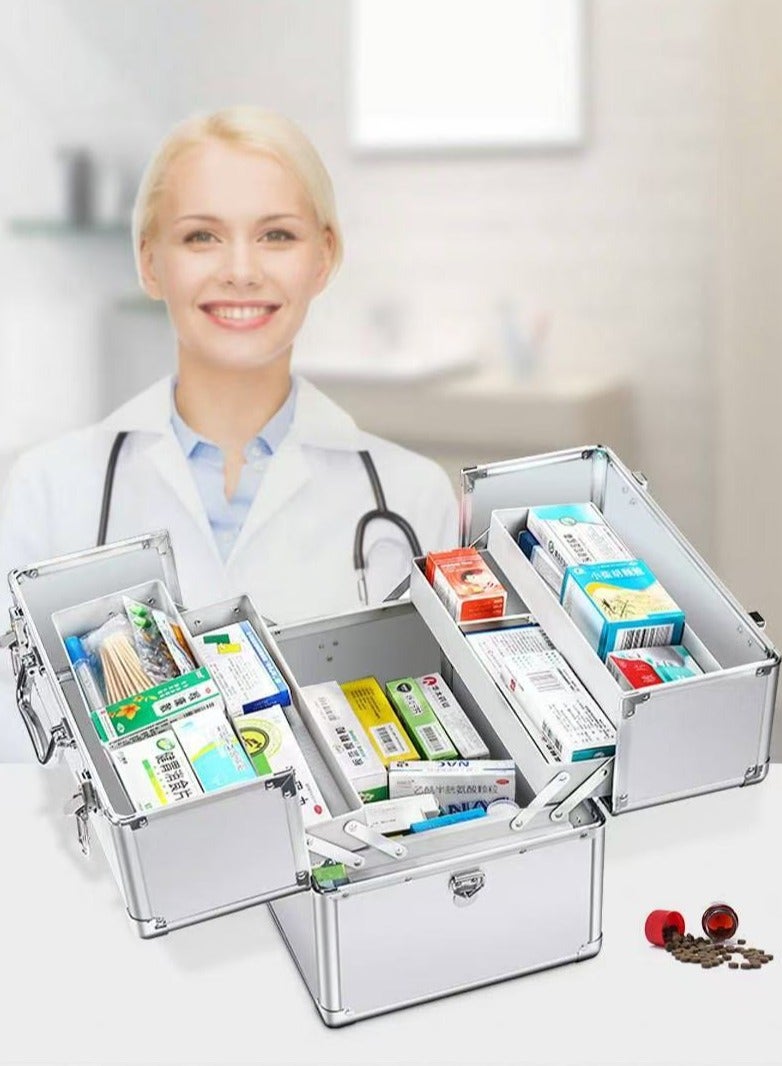 3 Tier Medicine Storage Box Home Medicine Chest  First Aid Kit with Portable Handle and Security Lock  for Home Outdoor Use(Silver) - Image 2