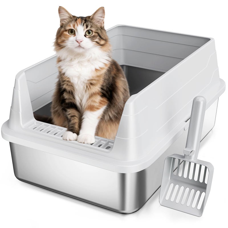 KISENG Stainless Steel Cat Litter Box, Odor Free Metal Litter Box with High Sides Lid, Open Top Low Entry Litter Pan Include Scoop Easy Cleaning Anti-Scratch Kitty Cat Box Anti-Urine Leakage, Non-Sticky, M - Image 1