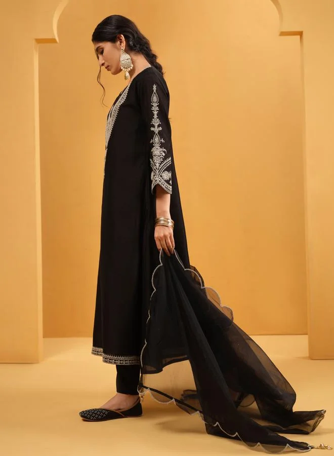 ISHIN Women's Black Silk Blend Embellished A-Line Tunic Upperwear Calf Length Palazzo Bottomwear Flowy 3 Peice Kurta Set
