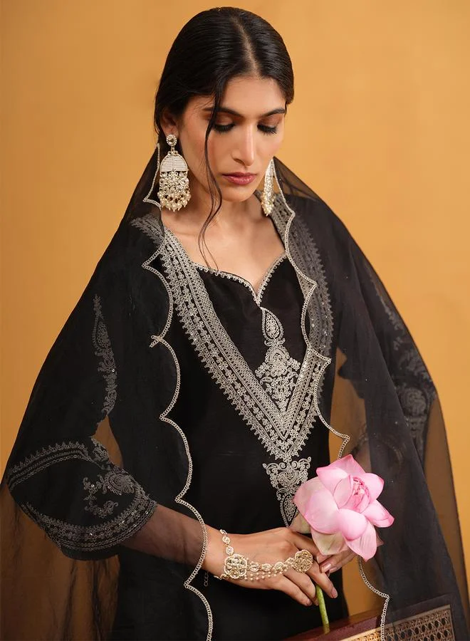 ISHIN Women's Black Silk Blend Embellished A-Line Tunic Upperwear Calf Length Palazzo Bottomwear Flowy 3 Peice Kurta Set