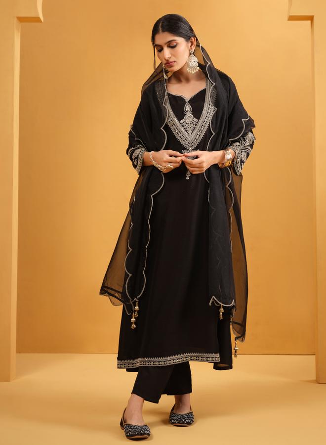 ISHIN Women's Black Silk Blend Embellished A-Line Tunic Upperwear Calf Length Palazzo Bottomwear Flowy 3 Peice Kurta Set - Image 1
