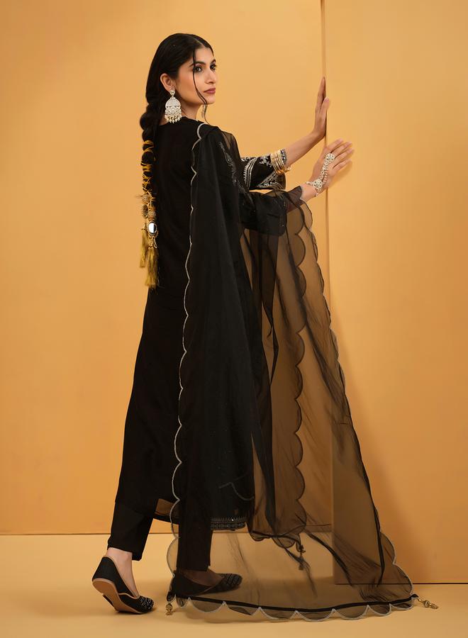 ISHIN Women's Black Silk Blend Embellished A-Line Tunic Upperwear Calf Length Palazzo Bottomwear Flowy 3 Peice Kurta Set - Image 2