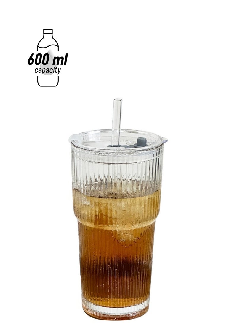 Glass Water Cup, Milk Cup with Straw and Lids, Reusable Double-Wall Coffee Cup, Heat Resisting Cute Clear Milkshake Cup, for Juice Milk Hot Cold Water, Tea, Matcha, 600ml Travel Cup  - Image 1