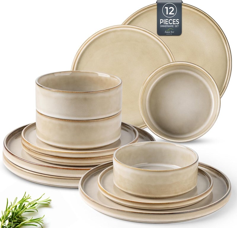 AmorArc Ceramic Dinnerware Sets Handmade Reactive Glaze Stoneware Plates and Bowls SetsHighly Chip and Crack Resistant  Dishwasher  Microwave Safe Dishes Set Service for 4 12pc - Image 1