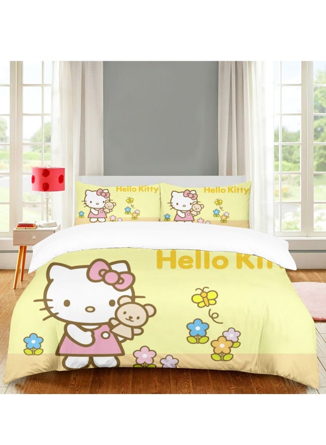 Sanrio Cartoon Sanrio Hello Kitty Cute Pattern Bedding Set, Skin-Friendly and Soft, 3-Piece Set (Includes Duvet Cover and Two Pillowcases; Duvet Cover Size: 150cm x 200cm) - Image 4
