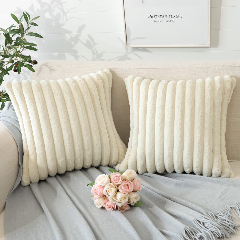 Soleebee Set of 2 Throw Pillow Covers Soft Cozy Velvet Pillowcase Faux Rabbit Fur Cover for Couch Sofa Bed Chair Home Decorative Pillows Cover (16x16 Inch  Ivory White) - Image 3