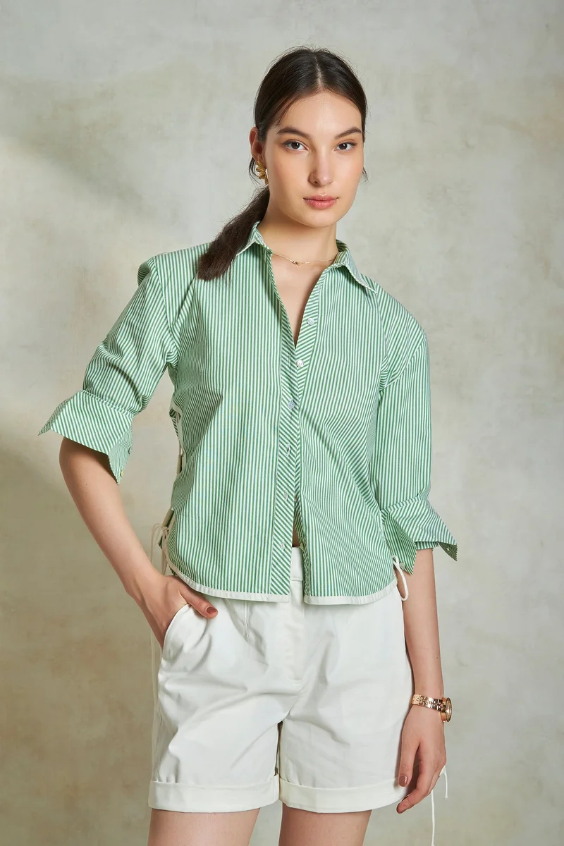 فيرجيو Solid Cotton Stripe Shirt With Side Tie-Up for Women