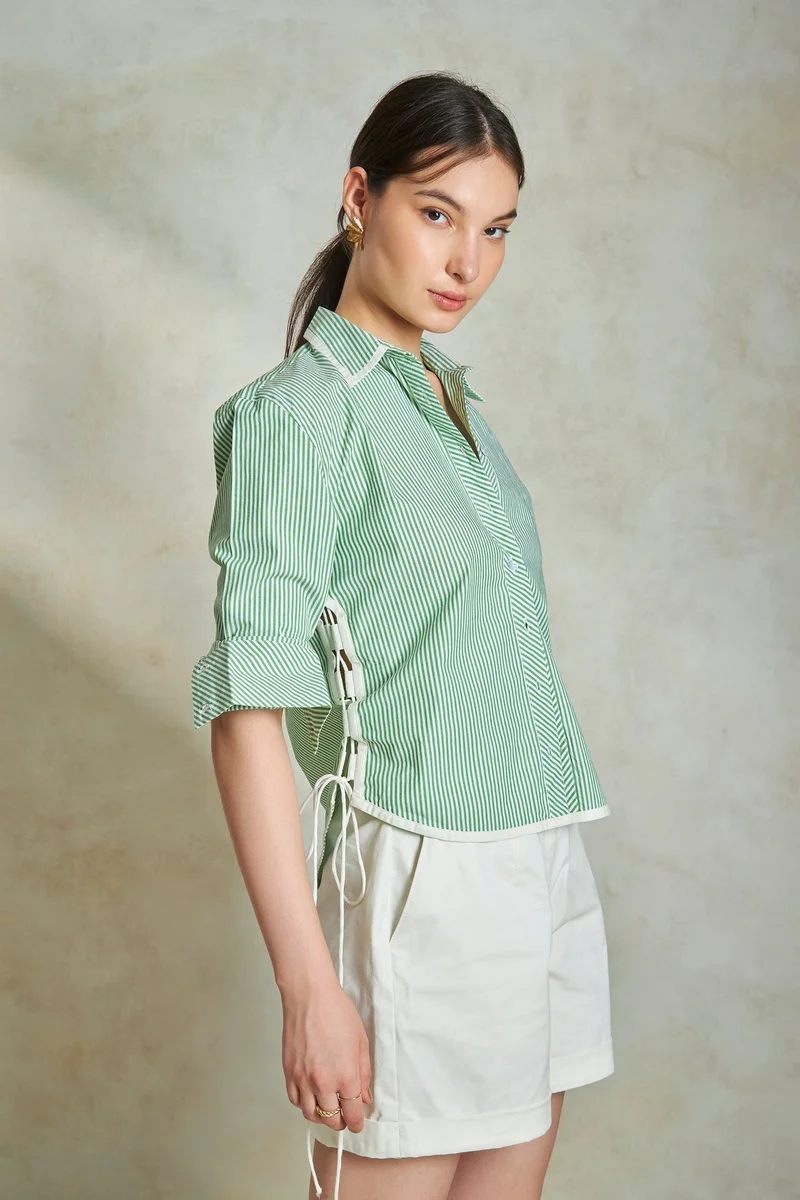 Virgio  Solid Cotton Stripe Shirt With Side Tie-Up for Women for Women | Best Price UAE