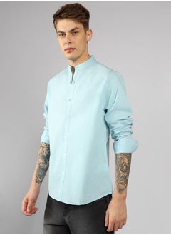 Dennis Lingo Regular Fit Light Blue Solid Pattern Full Sleeve Mandarin Collar Cotton Casual Shirt  for Men  - Image 3
