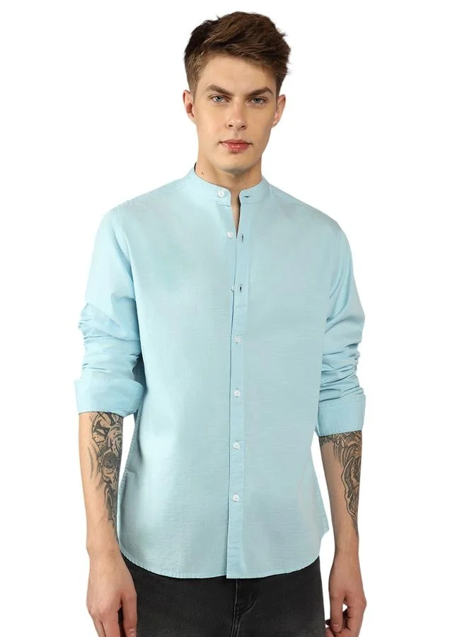 Dennis Lingo Regular Fit Light Blue Solid Pattern Full Sleeve Mandarin Collar Cotton Casual Shirt for Men