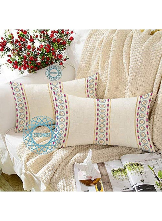 STITCHNEST Stripe Multi Printed Cotton Rectangular Cushion Covers, Set of 2 (12 x 18 Inches) - Image 1