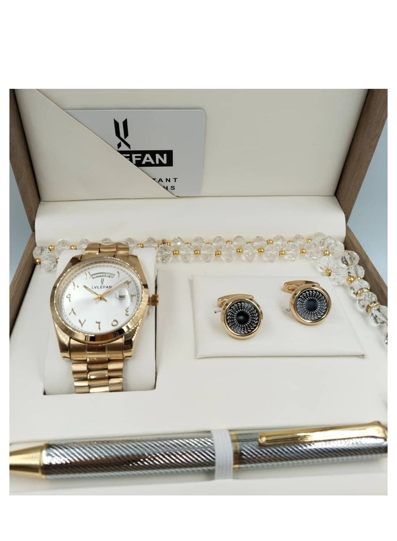 ليفان طقم هدية ساعة رجالية راقية و بجودة عالية بأرقام عربية, سوار ذهبي مع ميناء أبيض مع عرض التاريخ