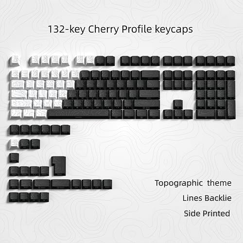 dagaladoo Double Shot PBT keycap Set,White and Black Topographic Keyboard keycaps 60 75 100 Percent,Shine Through Custom keycap Lines Backlit,Cherry Profile Key caps for US Layout Mechanical Keyboard - Image 2