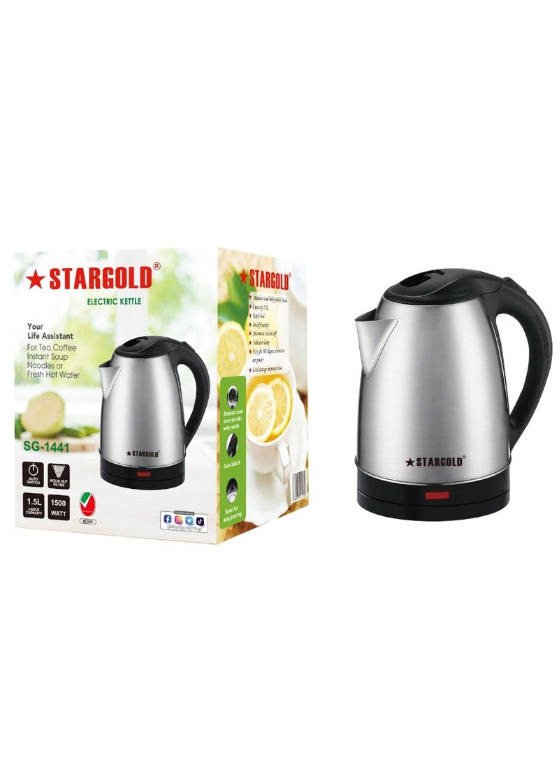 Stargold Electric Kettle, 1.5L Capacity, 1400-1600W Power, Stainless Steel Body, 360° Rotational Base, Auto Shut-Off, and Overheat Protection - Image 2