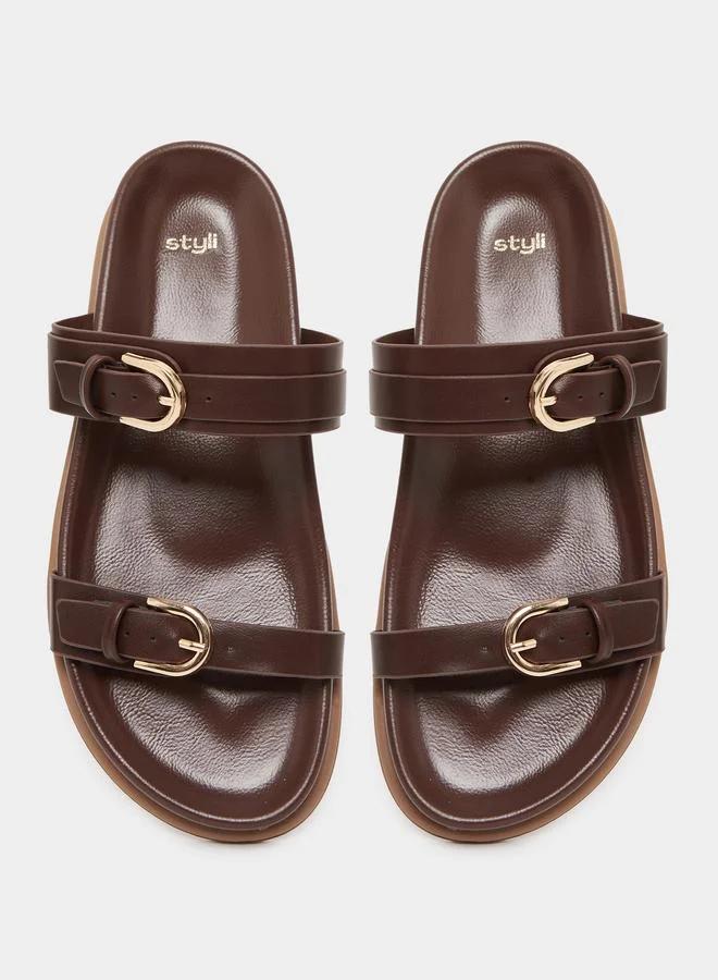 Styli Styli Double Band Buckle Detail Slip-On Sandals