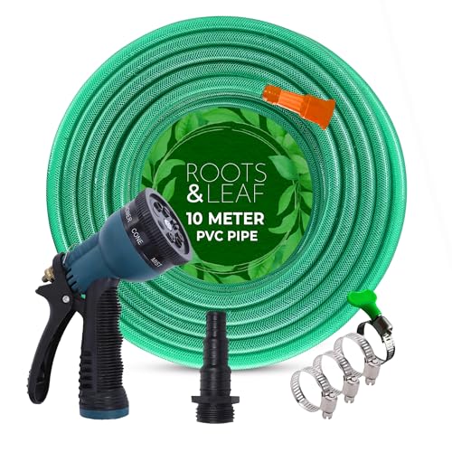 ROOTS & LEAF Roots and Leaf 10M 0.5 Inch Braided PVC Garden Hose Pipe with 8 Pattern Spray Gun with 4 Clamps and tap Adaptor - Green | Heavy Duty Water Pipe for Garden, Car Washing, Garden Pipe for Home - Image 1