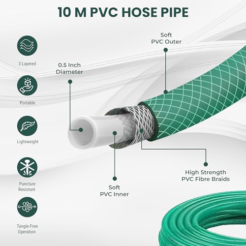 ROOTS & LEAF Roots and Leaf 10M 0.5 Inch Braided PVC Garden Hose Pipe with 8 Pattern Spray Gun with 4 Clamps and tap Adaptor - Green | Heavy Duty Water Pipe for Garden, Car Washing, Garden Pipe for Home - Image 4