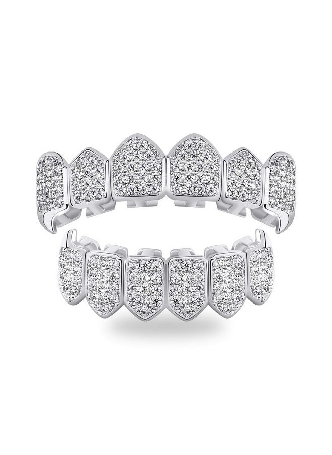 TOPGRILLZ - Grillz Vampire Teeth Silver Grills For Your Teeth Diamond Grillz For Women 18K Gold Plated Iced Out Hip Hop Teeth Men Rapper Costume Cosplay Extra Molding Bars（Silver） - Image 1