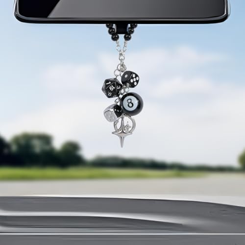 YGMONER 8 Ball Dice for Car Mirror, Y2K Aesthetic Lucky Charm Car Rear View Mirror Hanging Accessories, Black Interior Decor Truck Hanger Ornament for Women Men (Short Chain) - Image 2