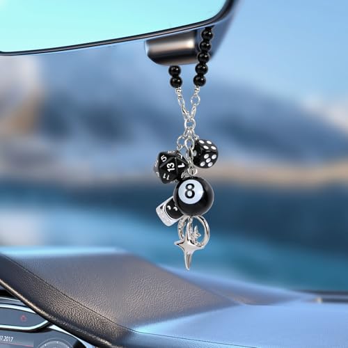 YGMONER 8 Ball Dice for Car Mirror, Y2K Aesthetic Lucky Charm Car Rear View Mirror Hanging Accessories, Black Interior Decor Truck Hanger Ornament for Women Men (Short Chain) - Image 3