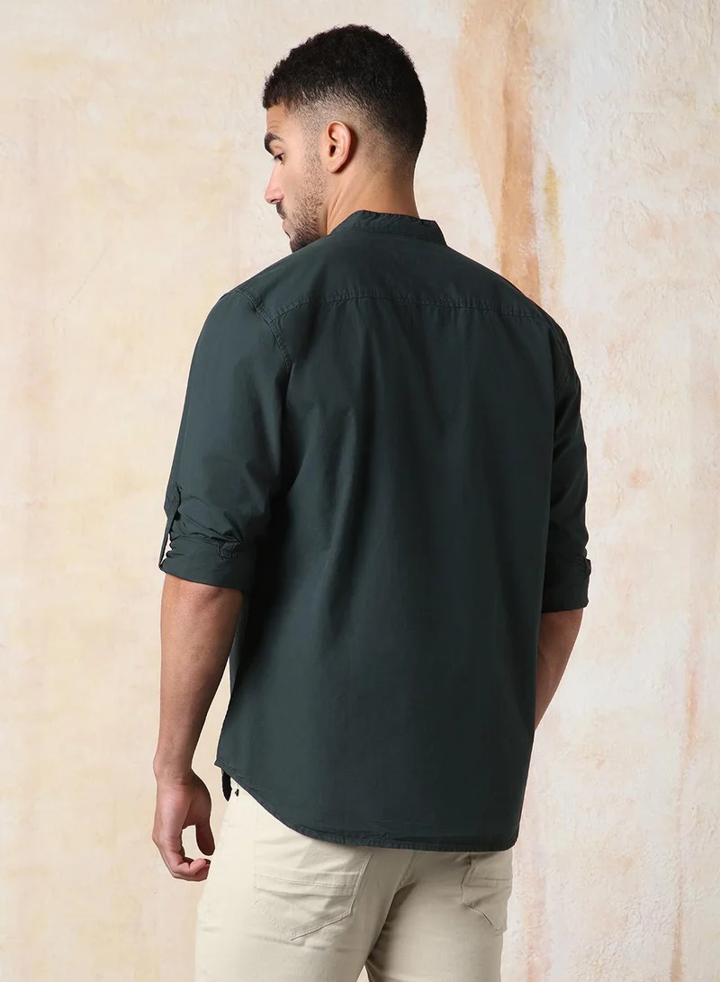 HIGH STAR Men Regular Fit Utility Heavy Washed Spread Collar Solid Cotton Casual Shirt