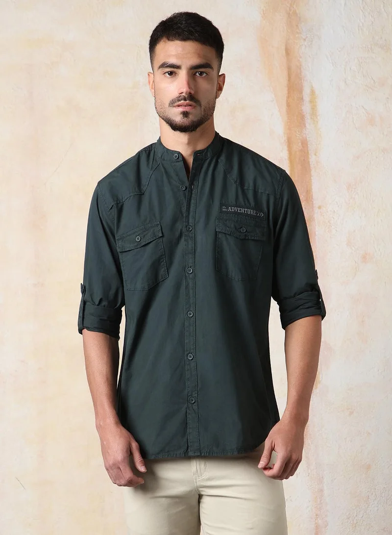 HIGH STAR Men Regular Fit Utility Heavy Washed Spread Collar Solid Cotton Casual Shirt