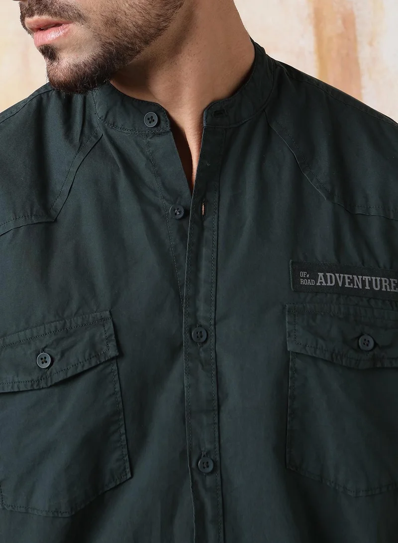 HIGH STAR Men Regular Fit Utility Heavy Washed Spread Collar Solid Cotton Casual Shirt