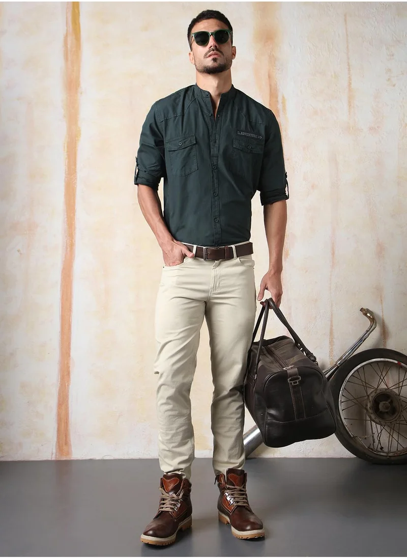 هاي ستار Men's Green 100% Cotton Solid Button Down Regular Fit Shirt