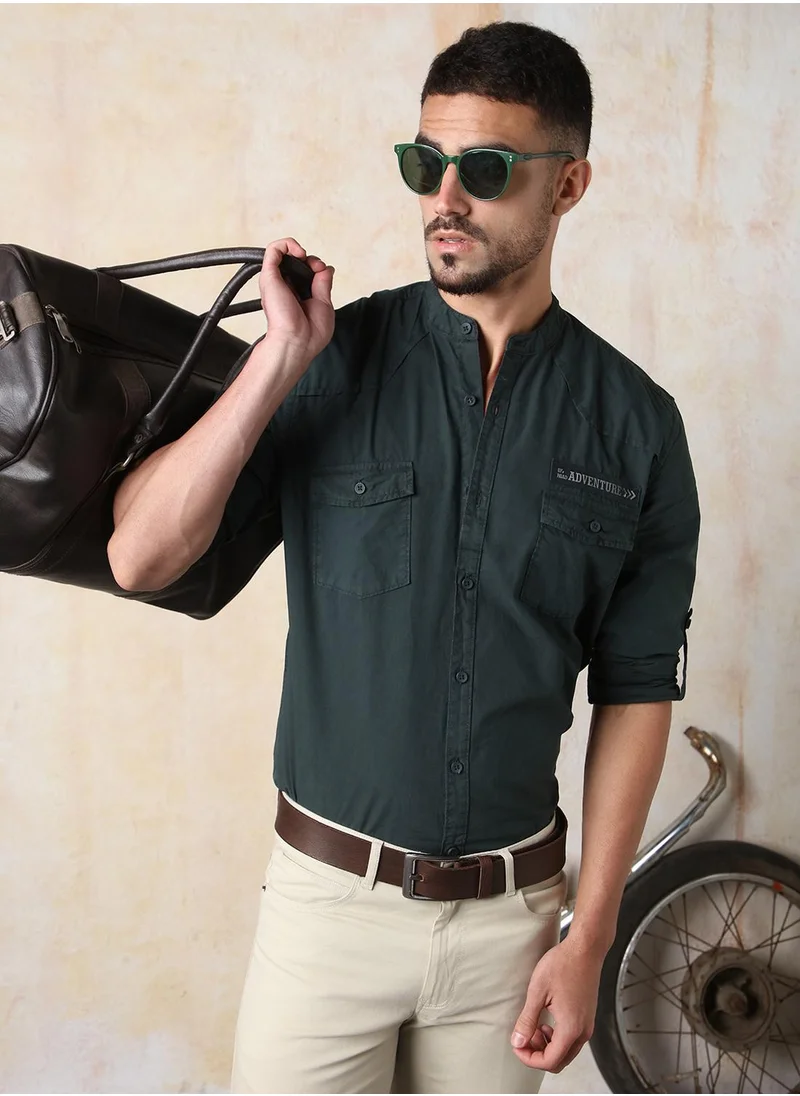 هاي ستار Men's Green 100% Cotton Solid Button Down Regular Fit Shirt