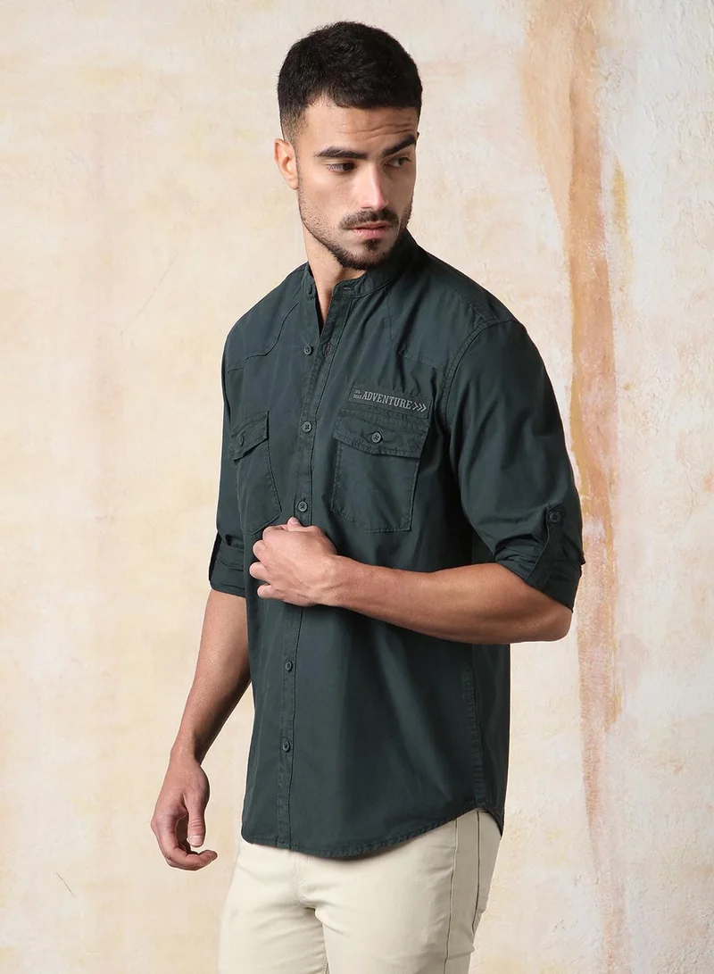 HIGH STAR Men Regular Fit Utility Heavy Washed Spread Collar Solid Cotton Casual Shirt