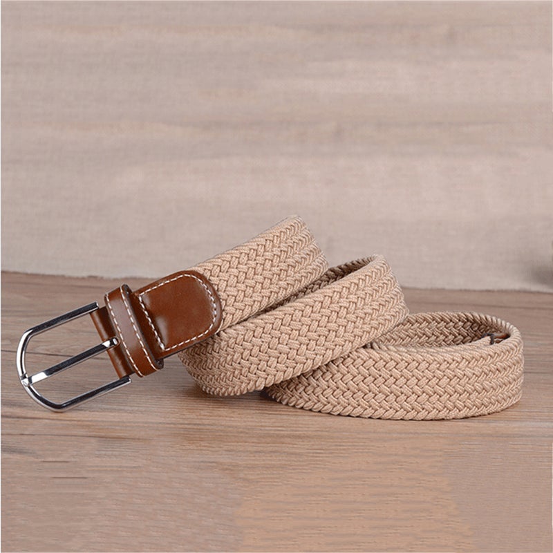 Universal Stretch Belt Casual Fabric Woven Weave Elastic Belt for Men and Women with PU Leather and End Tip ( Green) - Image 4