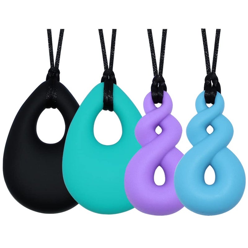 MaberryTech Direct Chew Necklace for Boys and Girls, Silicone Chew Toys for Kids Teardrop Twist Pendants, Chewy Necklace Sensory for Autism or Oral Motor Special Needs BPA Free - 4 PCS Set - Image 1