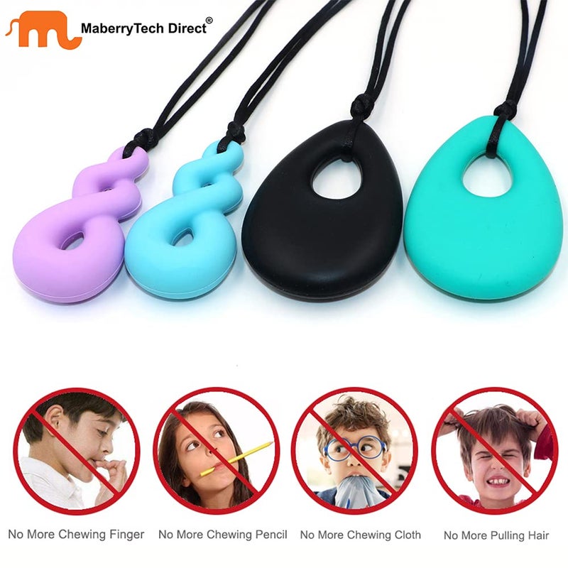 MaberryTech Direct Chew Necklace for Boys and Girls, Silicone Chew Toys for Kids Teardrop Twist Pendants, Chewy Necklace Sensory for Autism or Oral Motor Special Needs BPA Free - 4 PCS Set - Image 5
