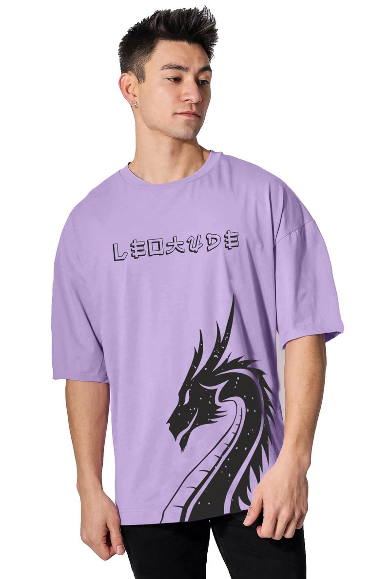 LEOTUDE Cotton Blend Half Sleeve Dragon Printed Oversized T-Shirts for Men (FS49PRPLE_DRGN_P_Purple_Color_L) - Image 1