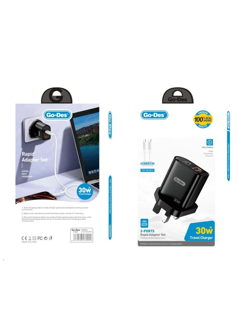 GO-DES PD 30W Fast Travel Charger – Dual Port USB-C + USB-A Power Adapter in Black – High-Speed Charging for Phones, Tablets & More – Compact, Safe & Portable Design with Built-In Protection for Travel Use - Image 3