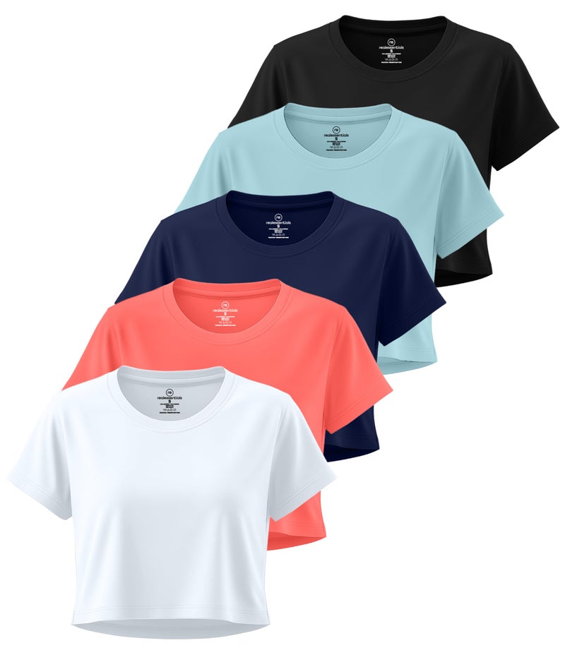 REALESSENTIALS Real Essentials 5 Pack: Women's Dry-Fit Crop Top Short Sleeve Shirts Workout Gym Cropped Athletic Tee (Available in Plus) - Set 3, S - Image 1