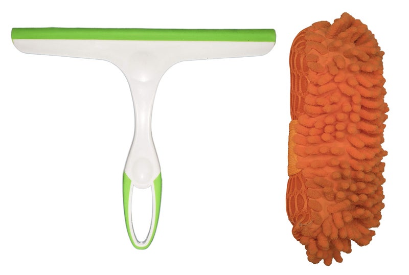NOHUNT Microfibre Wash and Dust Chenille Mitt Cleaning Scrubber & Car Wiper for Cleaning Window Glass, Tiles, Kitchen Table Platform (1pc Car Wiper Green&1pc Car Scrubber Orange) - Image 1