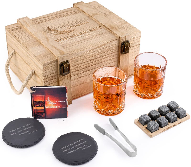 Afomida Whiskey Stones Set for Men Husband Dad Boyfriend Him for Birthday Wedding Anniversary Valentines Day Drinking Gifts for Fathers Day Housewarming Special Present for Liquor Bourbon Scotch 