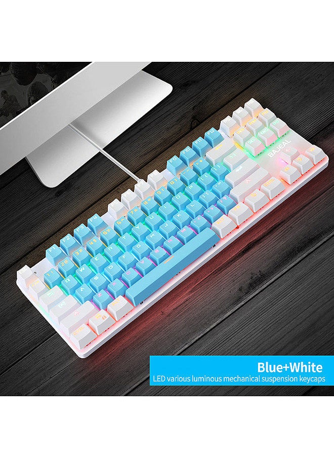 BAJEAL - 87 Keys Wired Mechanical Keyboard Mixed Light Mechanical Keyboard with Mechanical Blue Switch Suspension Button Blue+White - Image 1