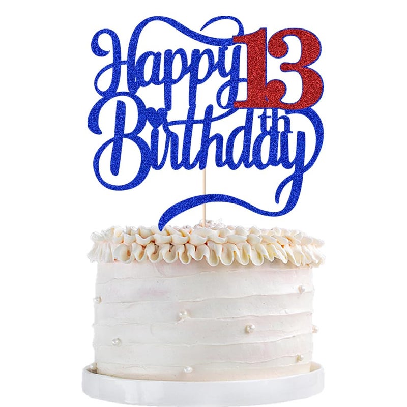 Qertesl Glitter Happy 13th Birthday Cake Topper-Hello 13 Cheers to 13 Years 13 Anniversary 13 Fabulous Cake Decor Boys and irls 13th Birthday Party Cake Decorations - Image 1