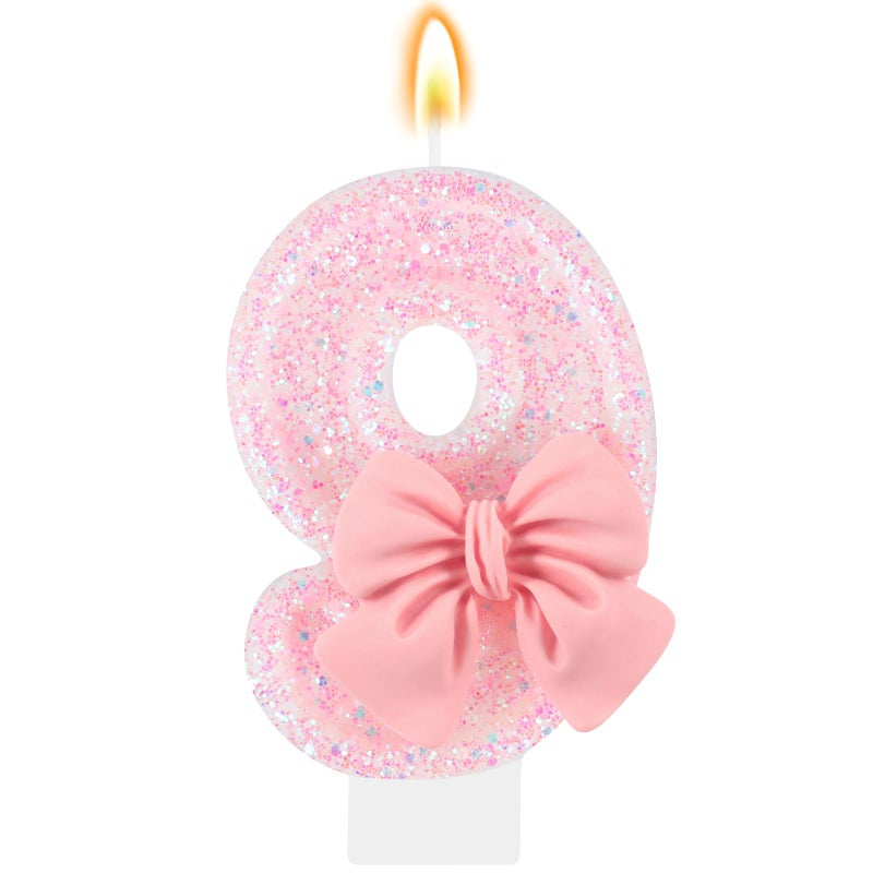 IDIJOLI Pink Birthday Candle Bow Number 9 Candle Cake Topper Cupcake Decor 9th Birthday Party Decorations Anniversary Celebrations Supplies Favors - Image 1