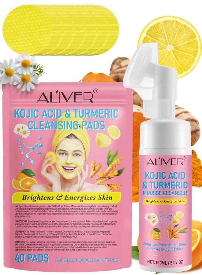 ALIVER 40Pcs Kojic Acid and Turmeric Cleansing Pads & Cleansing Foam 150ml Kojic Acid Pads and Mousse Reduce Dark Spots Balance Oil & Water Remove Excess Keratin Clean Oil & Refines Pores - Image 1