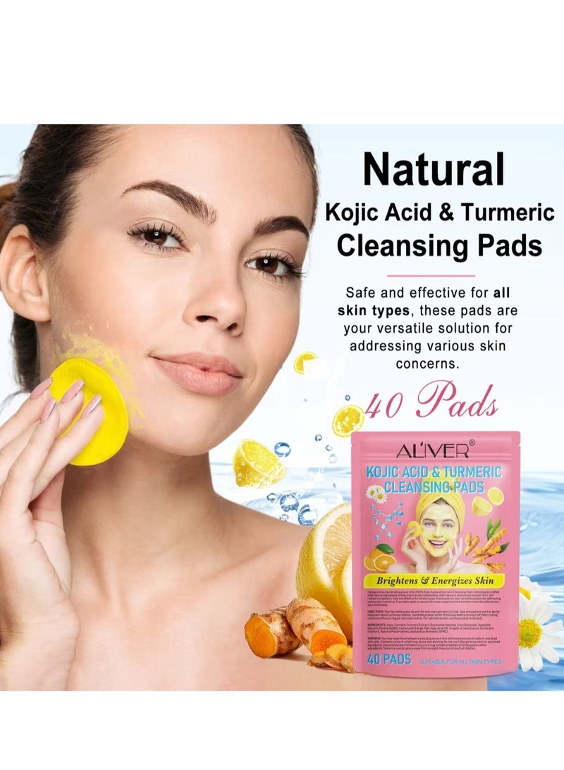 ALIVER 40Pcs Kojic Acid and Turmeric Cleansing Pads & Cleansing Foam 150ml Kojic Acid Pads and Mousse Reduce Dark Spots Balance Oil & Water Remove Excess Keratin Clean Oil & Refines Pores - Image 2