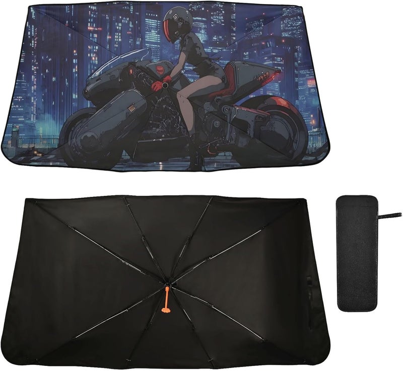 Windshield Sun Shade Umbrella Anime Woman Motor – Fashion Design, Protect Car from Sun & Heat Damage, Easy Store, Universal Fit 55” x 27.5” - Image 2