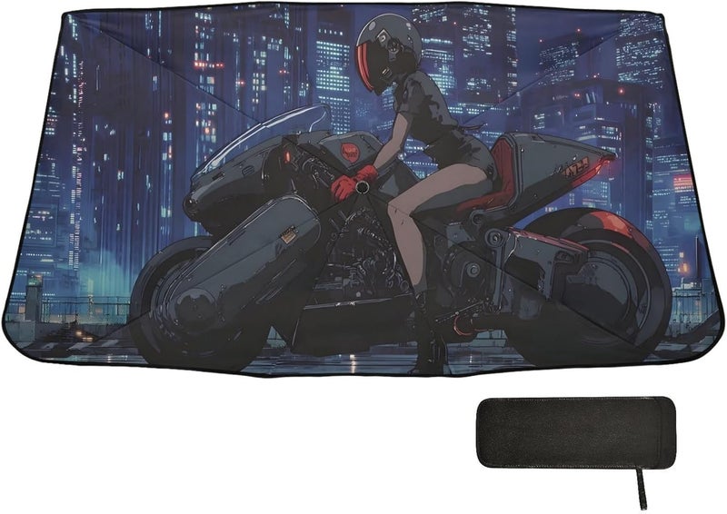 Windshield Sun Shade Umbrella Anime Woman Motor – Fashion Design, Protect Car from Sun & Heat Damage, Easy Store, Universal Fit 55” x 27.5” - Image 1
