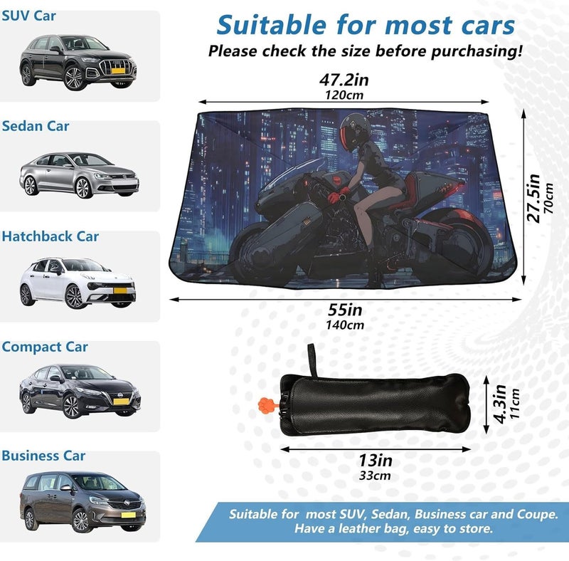Windshield Sun Shade Umbrella Anime Woman Motor – Fashion Design, Protect Car from Sun & Heat Damage, Easy Store, Universal Fit 55” x 27.5” - Image 3