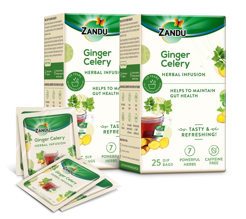 Zandu Ginger Celery Herbal Infusion, a Herbal Tea Enriched with Ayurvedic Ingredients (Pack of 25 Tea Bags X 2),37.5 grams - Image 1